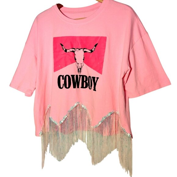 Unbranded Tops - Cowboy T Shirt Large Pink Cropped Silver Fringe Western Cowgirl Crop Top